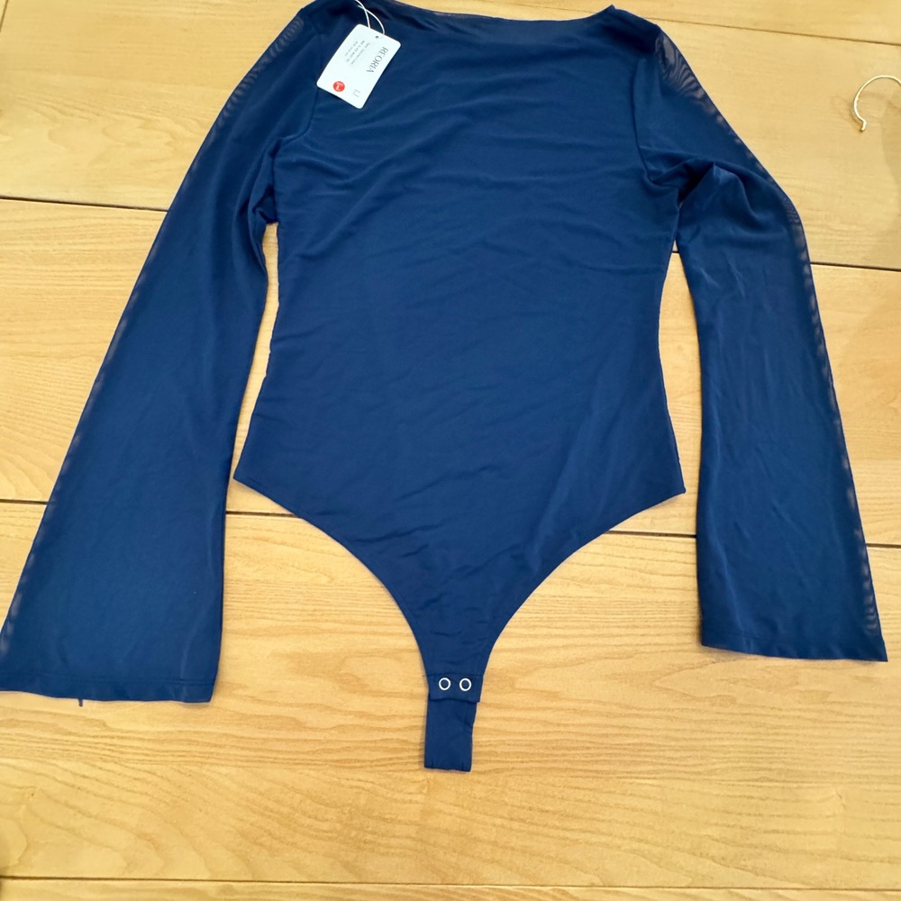 REORIA Mesh Bell Sleeve Bodysuit LG Navy Sheer Stretch Capsule Sheer Layering